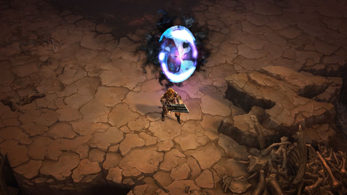 En barbar står framför en märklig portal i ett kargt landskap i Diablo 3
