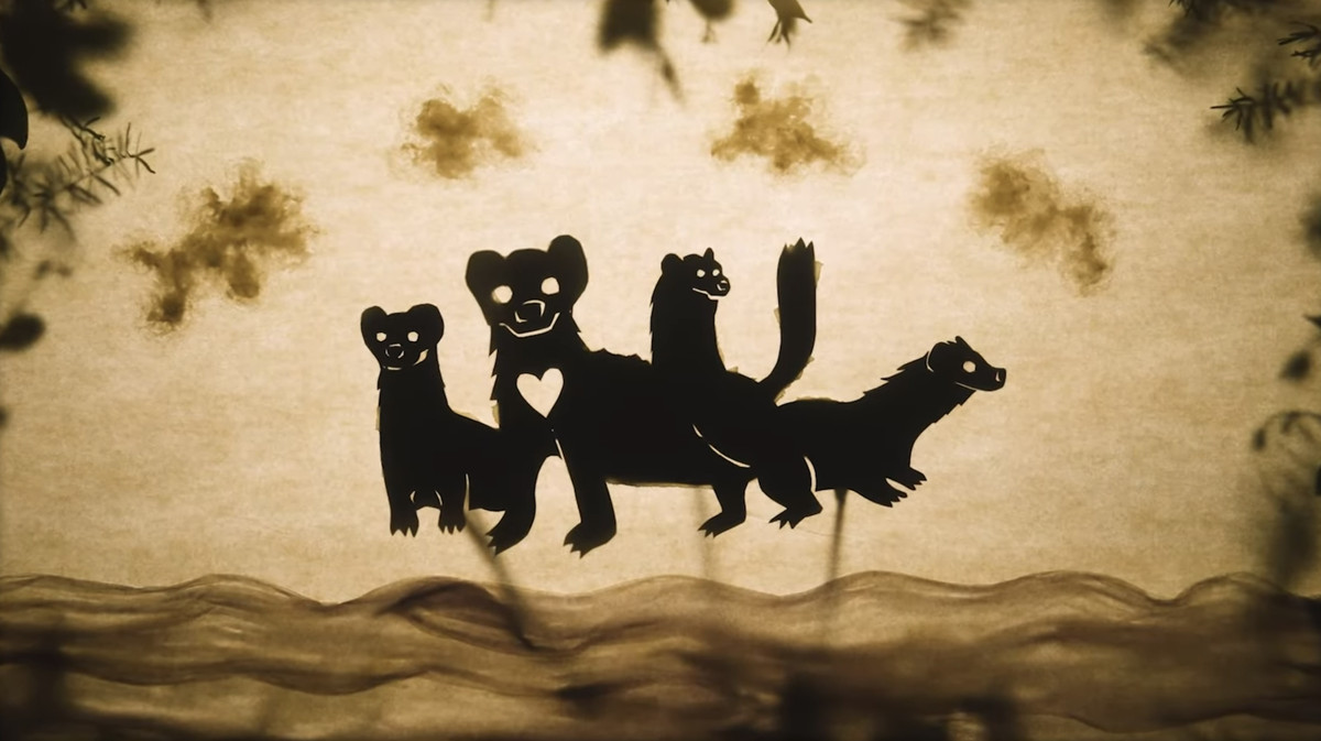Paper silhouette animation of four stoats, one with a heart shape cut out of its chest, for Dimension 20’s Borrows End.