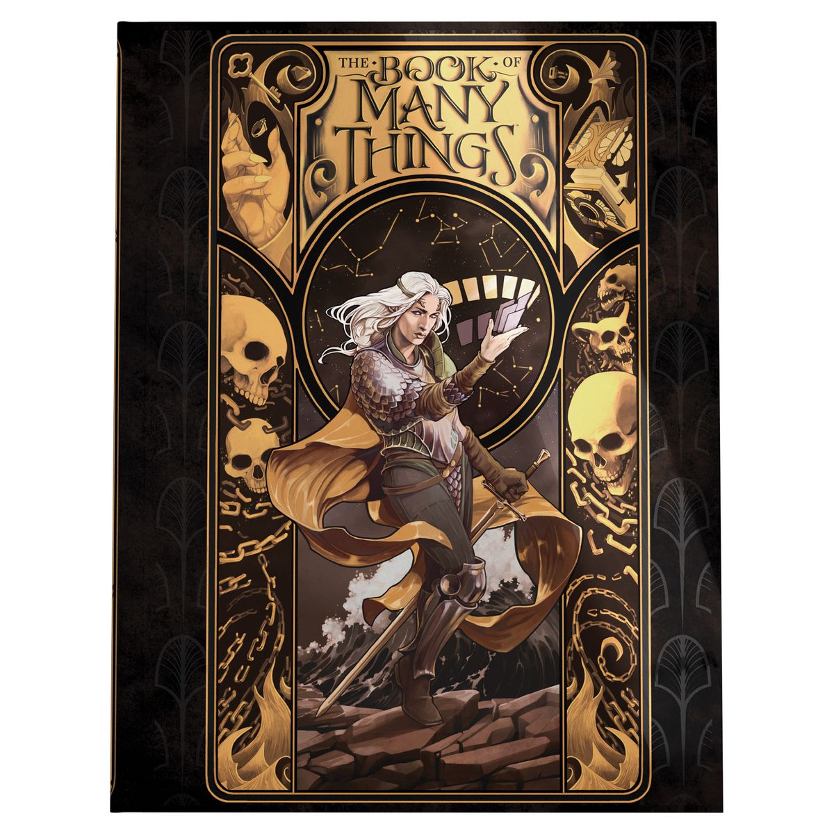 Ett alternativt omslag i svart och guld till The Book of Many Things.  Den visar en kvinnlig presenterande krigare som blåser ut korten mot en rad konstellationer.  Skelett klor i kanterna av ramen.