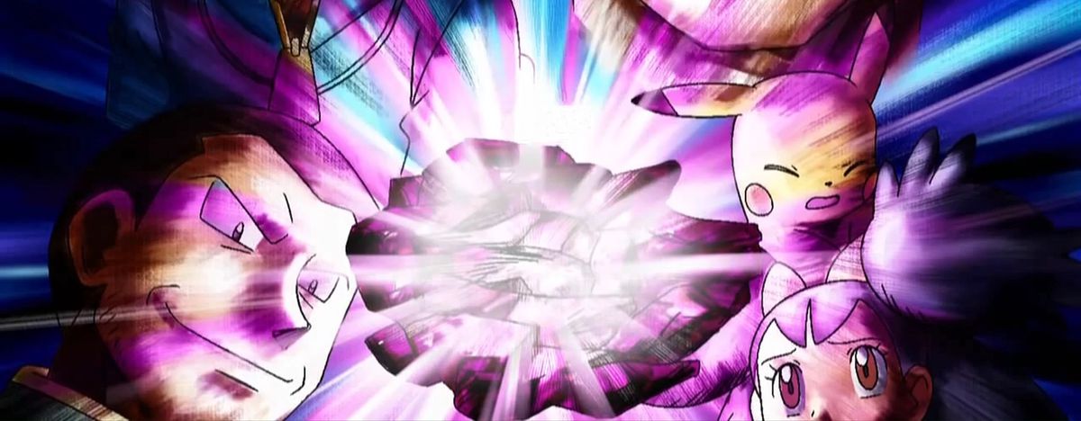 Karaktärer tittar på och rycker undan från meteoniten, en klippa som utstrålar färgat ljus, i promokonst för avsnitt av Pokémon the Series: Black & White.