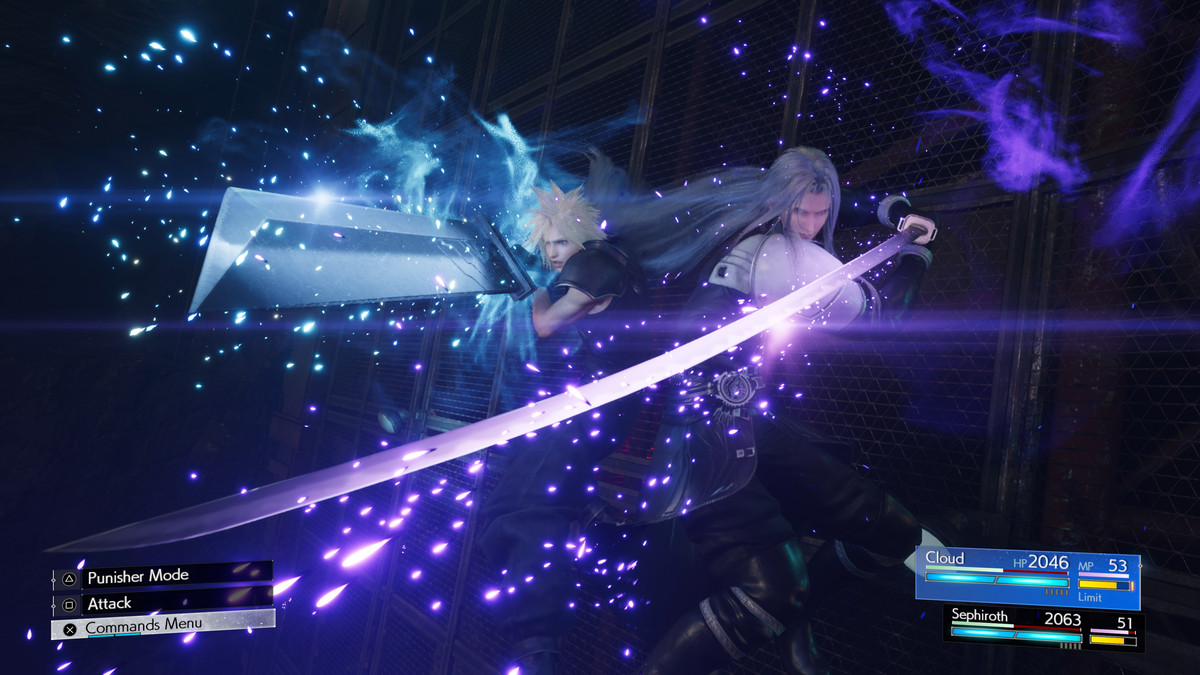 Cloud och Sephiroth står rygg mot rygg och riktar sina enorma svärd mot skärmen i Final Fantasy 7 Rebirth