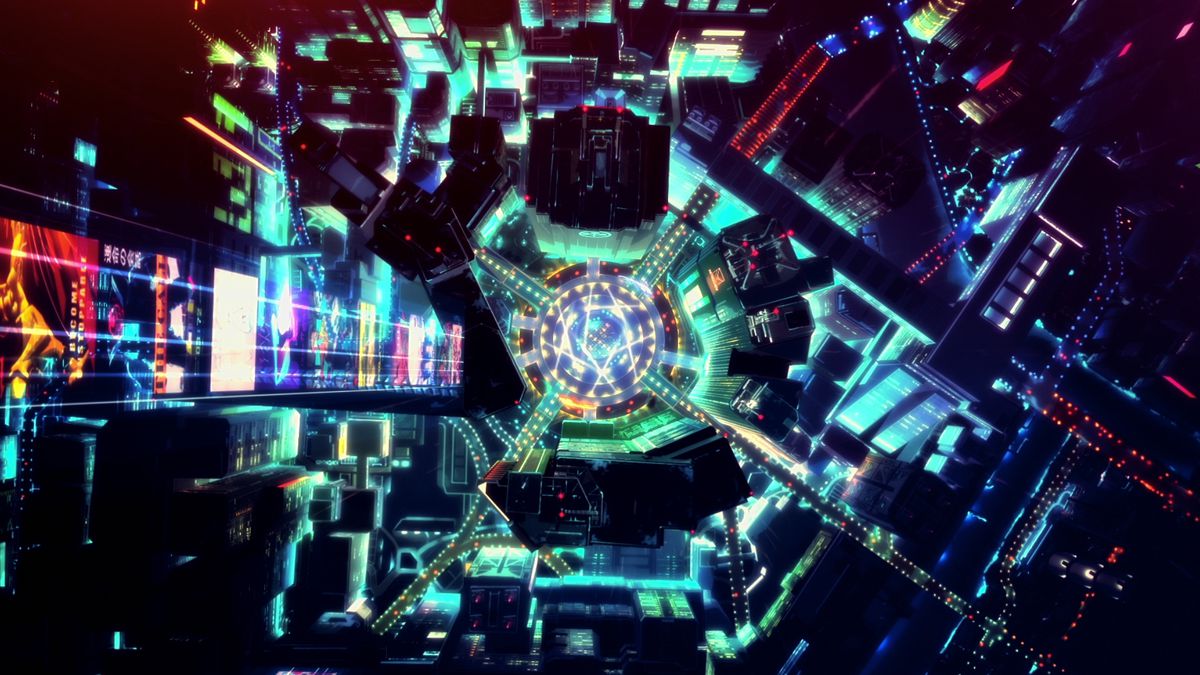 En bild uppifrån och ned av stadsdelen Night City i centrum i Cyberpunk: Edgerunners.