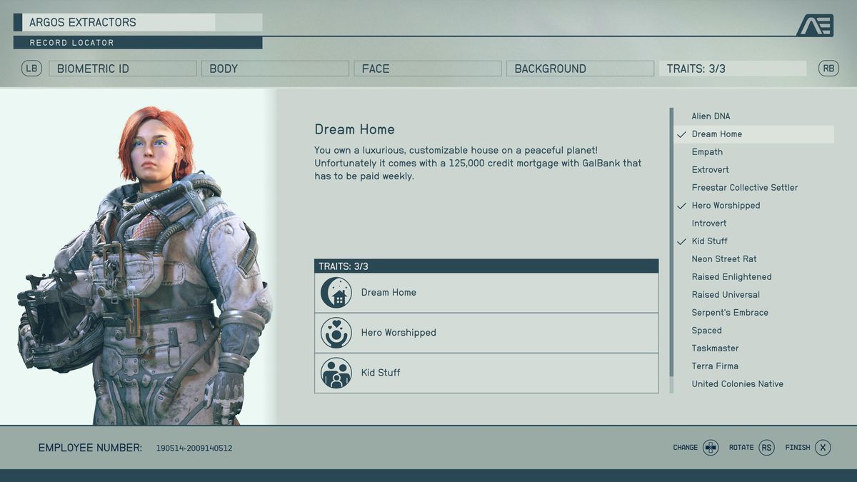 A menu shows the Dream Home trait in Starfield character creation.