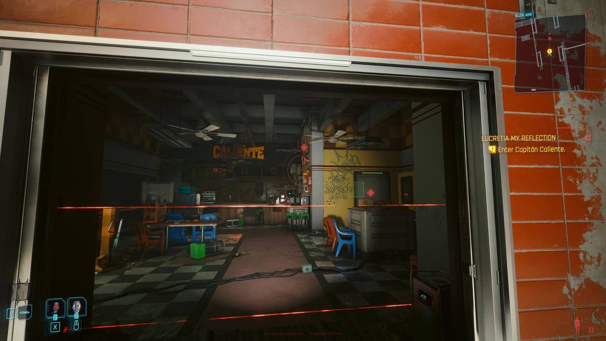 V går in i ett garage under ett huvuduppdrag i Cyberpunk 2077 Phantom Liberty.