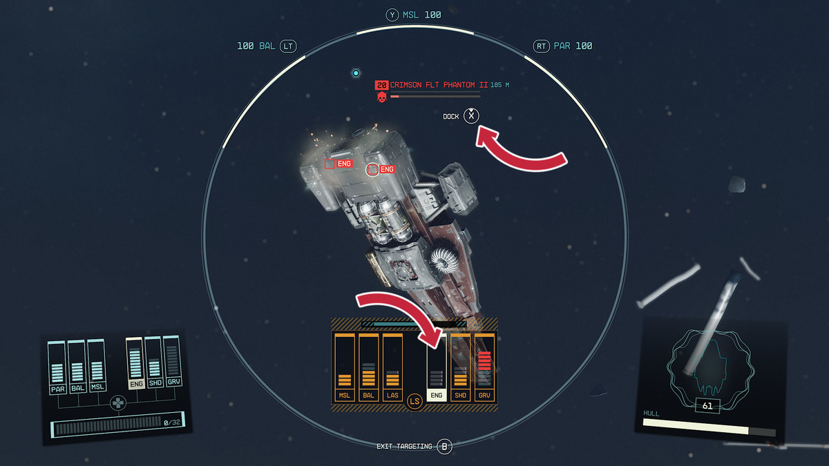 Starfield använder Targeting Control Systems för att inaktivera ett fartygs motorer så att du kan lägga till.
