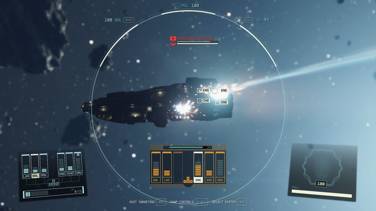 En spelare låser sig till ett fartygs motorer specifikt i Starfield