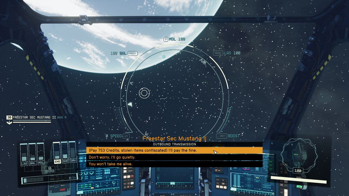 En Starfields cockpitvy visar var spelaren uppmanas att betala böter eller gå i fängelse från en Freestar Collective-officer