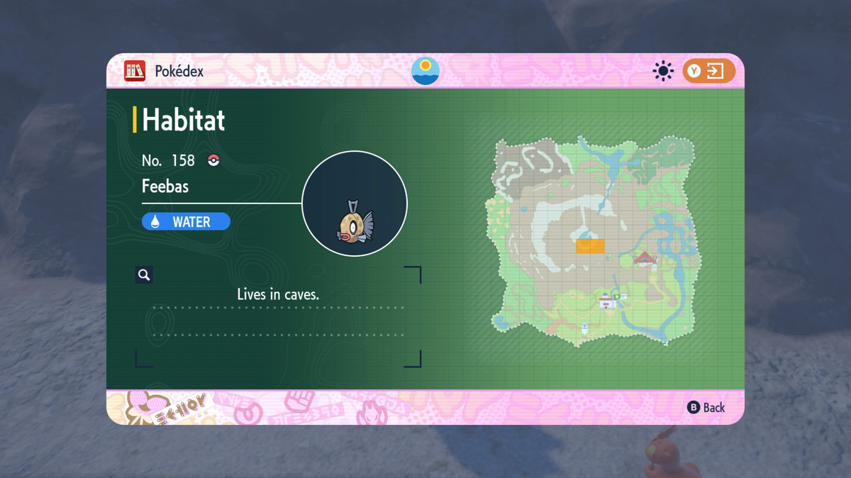 En karta i Pokémon Scarlet and Violet: The Teal Mask som visar var man kan hitta Feebas