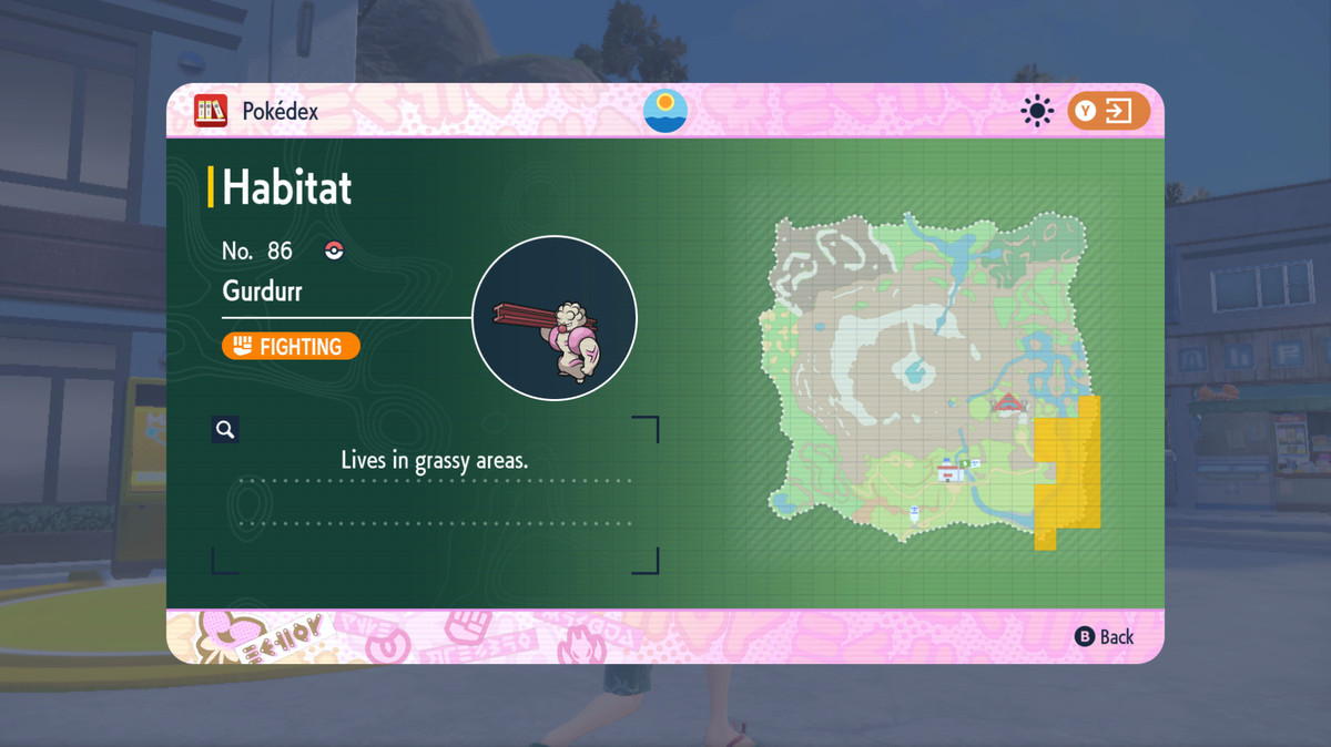 En karta som visar var man kan hitta Gurdurr i Pokémon Scarlet and Violet: The Teal Mask.