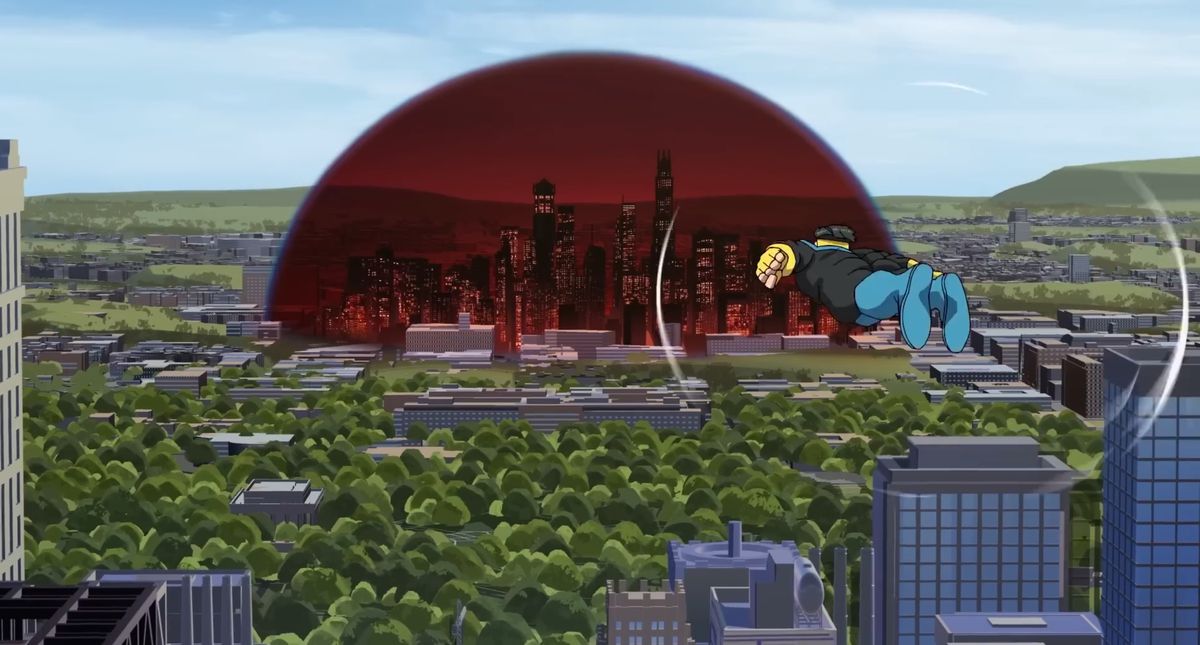 The hero Invincible flies over a city, heading for a downtown area covered by a dark red, translucent dome in the teaser for season 2 of Prime Video’s animated series Invincible