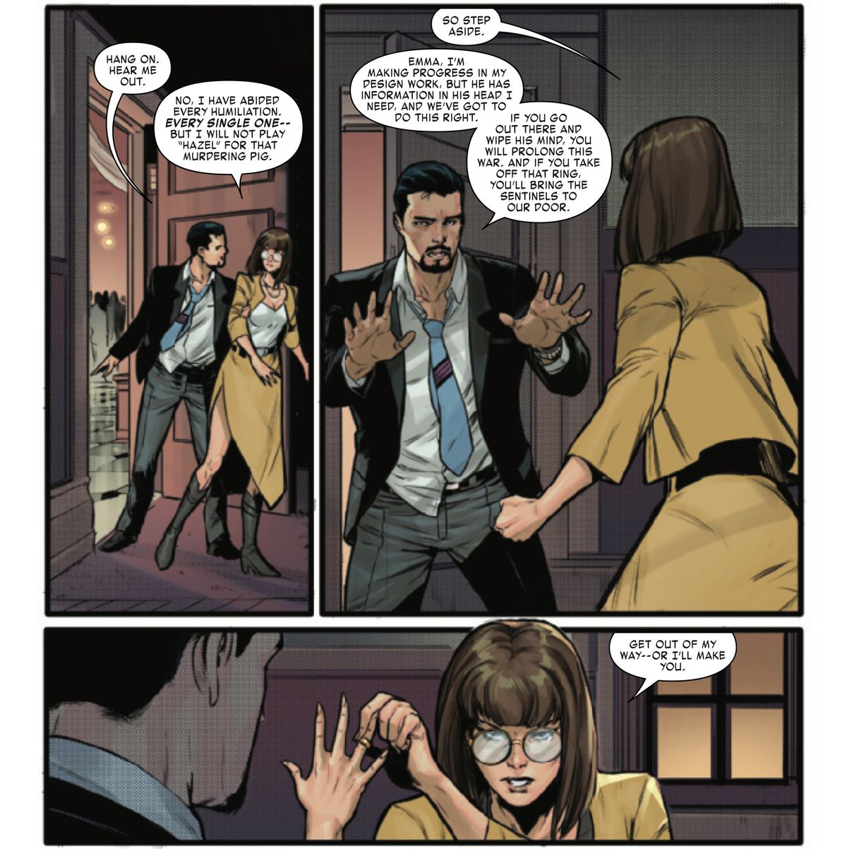 Tony Stark och en förklädd Emma Frost bråkar ensamma i en korridor.  Tony försöker övertyga henne om att om hon tar av sin kraftdämpande ring för att torka Feilongs sinne, kommer de att förlora värdefull information och Sentinels kommer att larmas.  