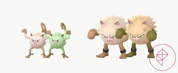 Shiny Mankey och Primeape med sina vanliga former i Pokémon Go.  Shiny Mankey blir ljusgrön och glänsande Primeape blir mörkare brun och gul.