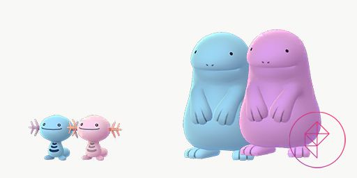 Shiny Wooper och Quagsire med sina normala former.  De är båda rosa istället för blå, även om Quagsire är mörkare rosa