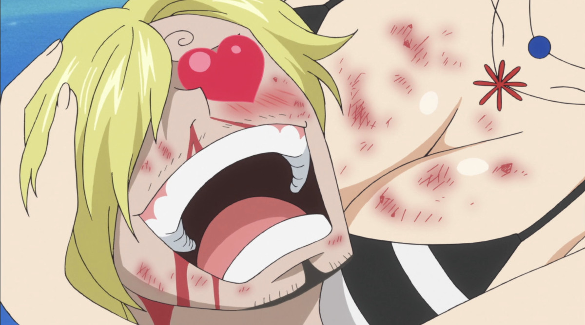 En bild av Sanji i One Piece-animen.  Hans ögon sväller av hjärtan eftersom han hålls nära en kvinnas bröst.