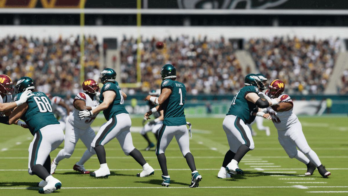 Philadelphia Eagles Jalen Hurts kastar en passning mot en slotmottagare i Madden NFL 24