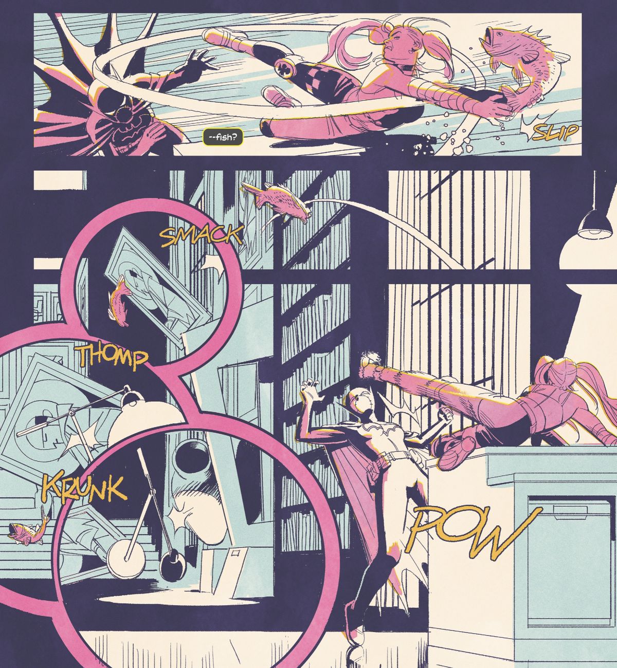Färgade som en flashback, Batgirl och Harley Quinn härskar ut det.  Harley slår Batgirl med en rå fisk, som glider ur handen och – framhävd i runda infällda paneler – slår omkull en målning, som välter en lampa, som välter en annan lampa i en stor tjusig lägenhet i Birds of Prey #1 ( 2023).