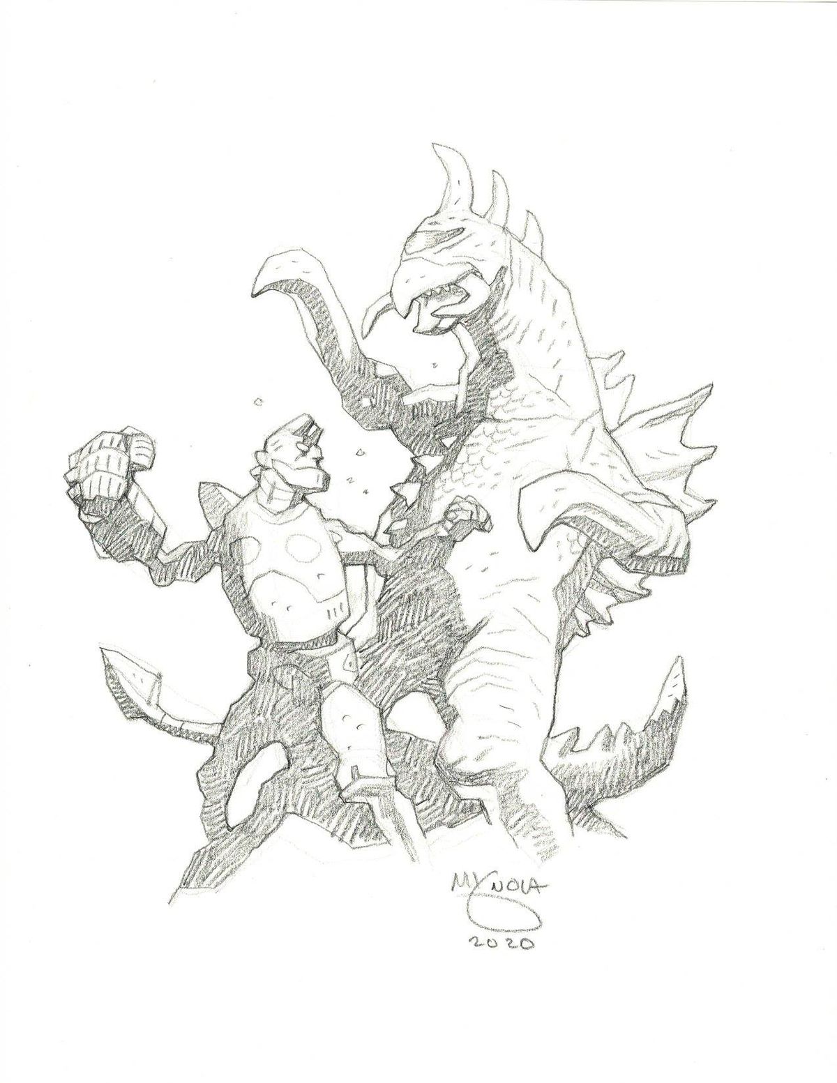 En skiss av Hellboy som slåss mot ett mycket klassiskt Tokusatsu-monster.