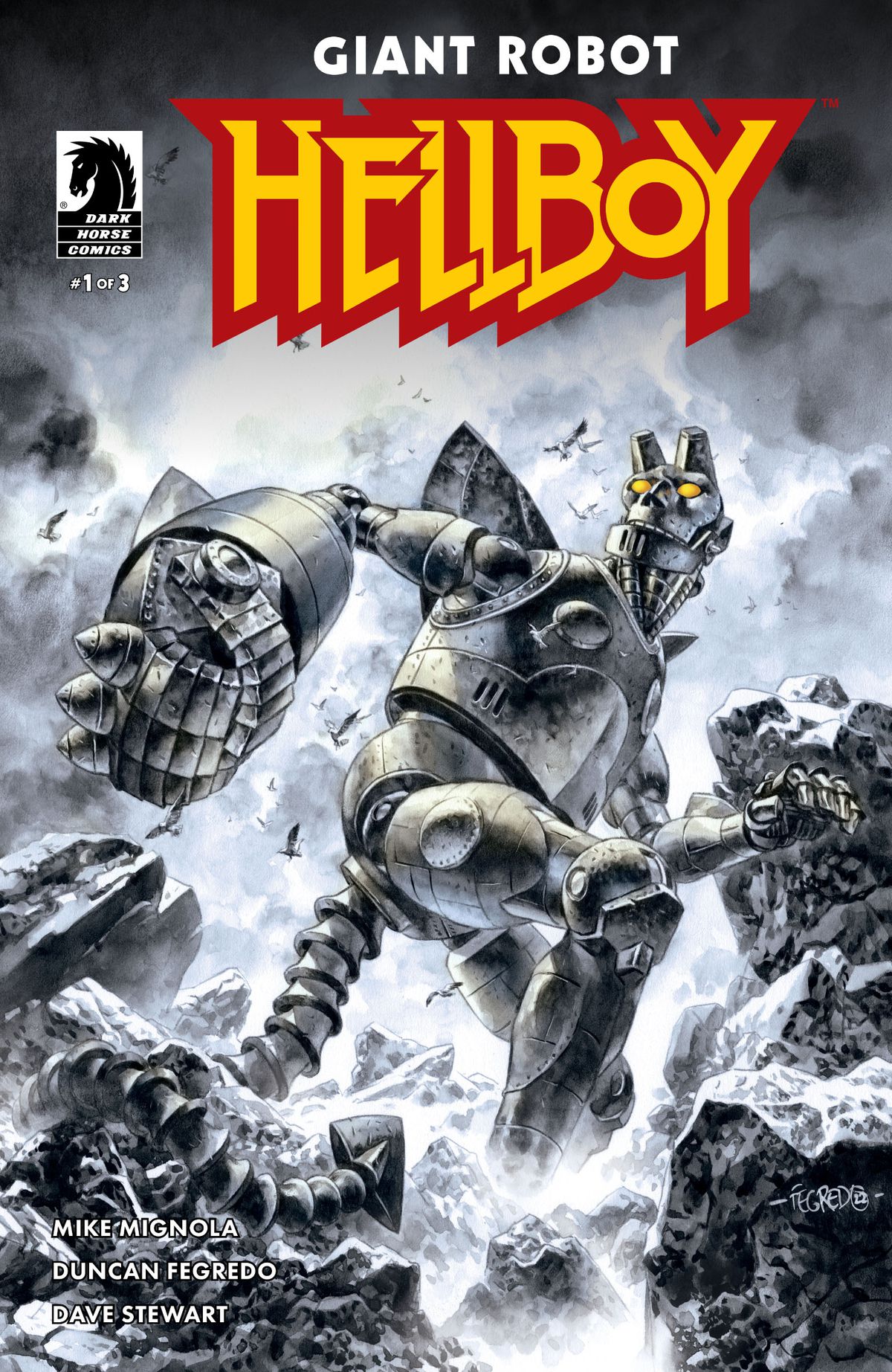 Giant Robot Hellboy gör en cool pose bland några taggiga klippor på omslaget till Giant Robot Hellboy #1. 