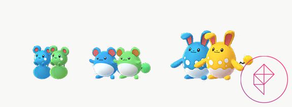 Shiny Azurill, Marill och Azumarill i Pokémon Go.  Både Azurill och Marill blir gröna från blå och Azurill blir guld.