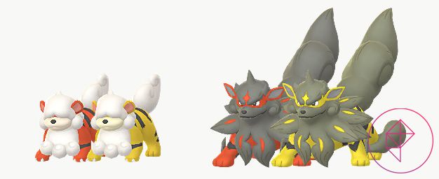 Hisuian Growlithe och Arcanine som ses i Pokémon Go.  Båda blir gula från orange.