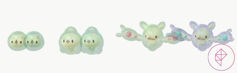 Shiny Solosis, Duosion och Reuniclus i Pokémon Go.  Solosis och Duosion är något mörkare grönt och Reuniclus får en blå gel runt sig med gröna drag. 