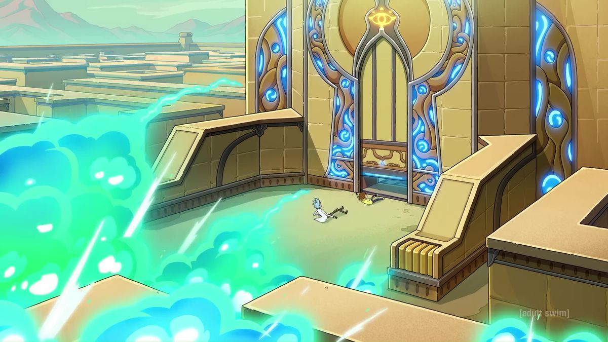 En bild på Rick och Morty i trailern för säsong 7 från Adult Swim.  De springer in i ett tempel som har glödande blå linjer och som ser ut som om det är från The Legend of Zelda: Breath of the Wild.  De två flyr från blå bombrök. 