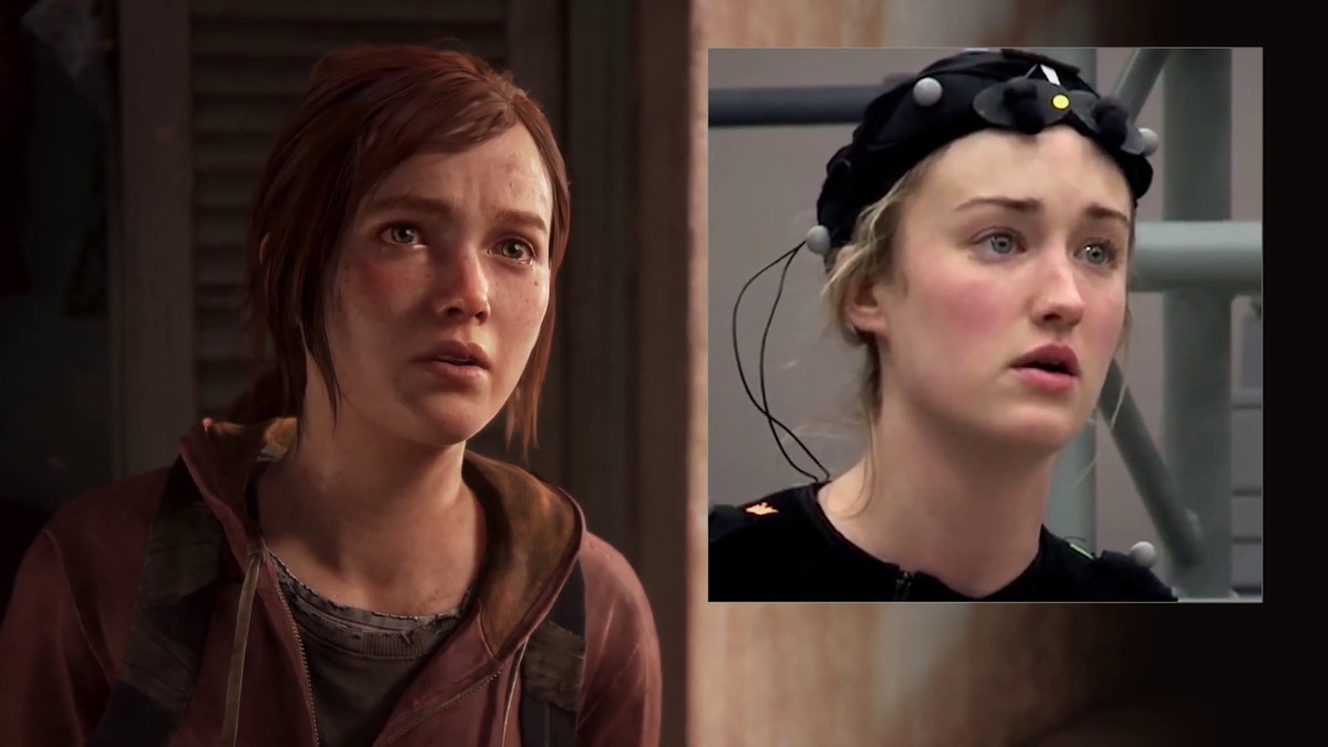 En bild av Ellie från The Last of Us Part 1 till vänster, tillsammans med ett fotografi av skådespelerskan Ashley Johnson (höger) mitt i hennes mocapframträdande för rollen
