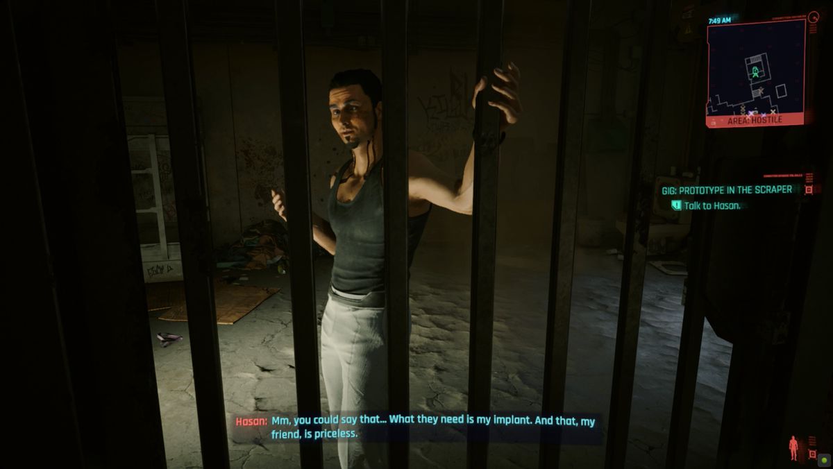 Cyberpunk 2077 Phantom Liberty Hasan i en cell i scav-gömman