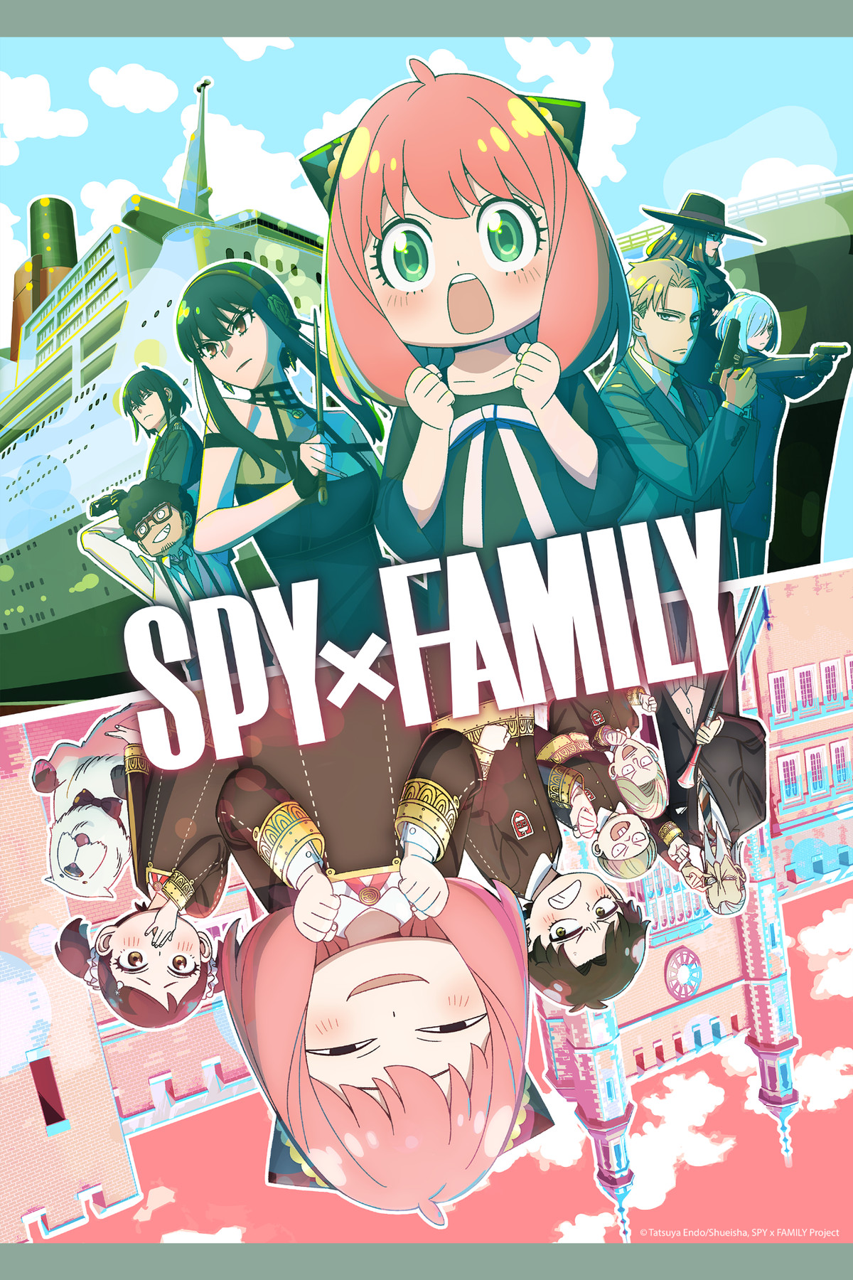 Anya från Spy x Family säsong 2 tillsammans med Loid, Yor och andra spioner på toppen, tillsammans med Anya och hennes skolkamrater längst ner