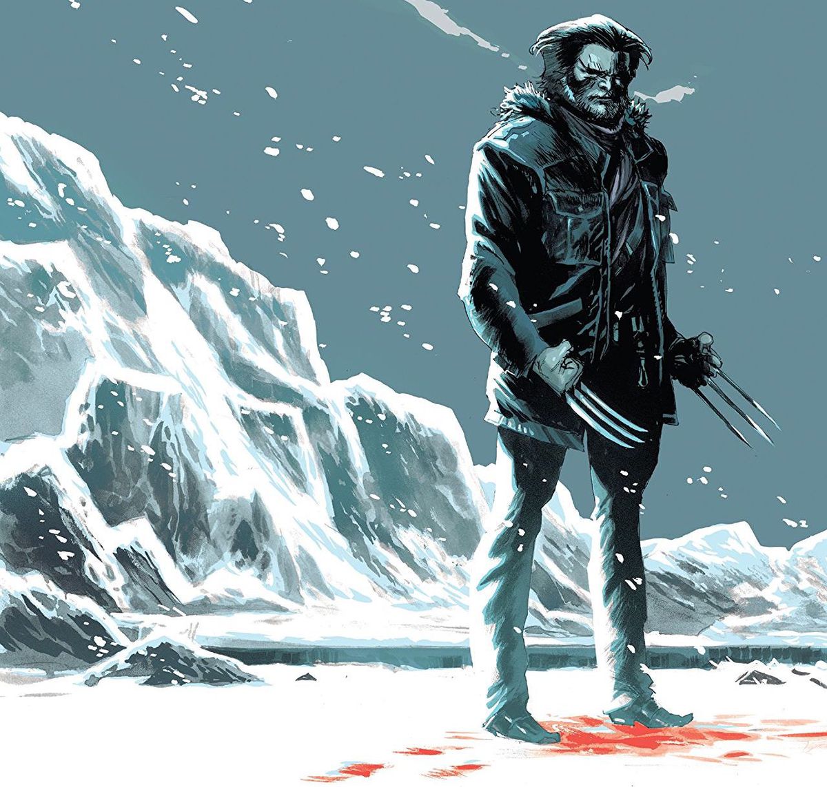 Wolverine avbildad på omslaget till Wolverine: The Long Night, klor ut och står på blodig snö.