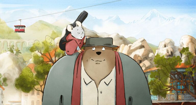 Celestine the mouse sits on Ernest the Bear’s shoulder, carrying a guitar case. Celestine has her hand on Ernest’s black hat, in a beautiful watercolor-like image from Ernest and Celestine: A Trip to Gibberitia.