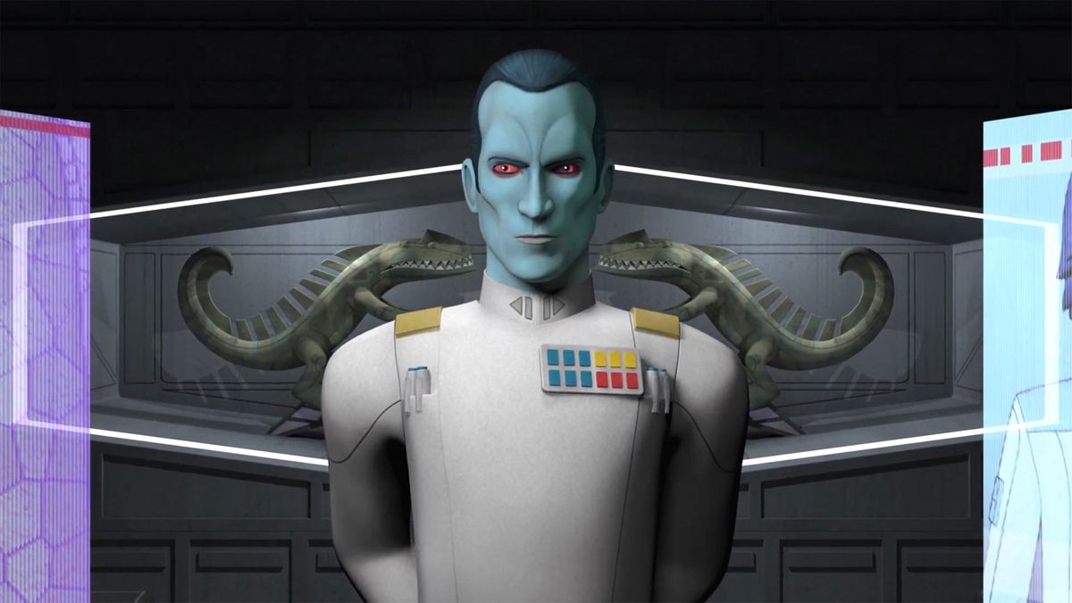 Grand Amiral Thrawn står med stel hållning framför två drakstatyer i Star Wars Rebels
