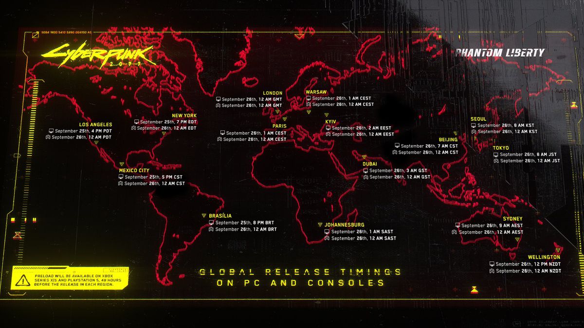 En karta visar Cyberpunk 2077 Phantom Libertys utgivningstidsregioner runt om i världen.