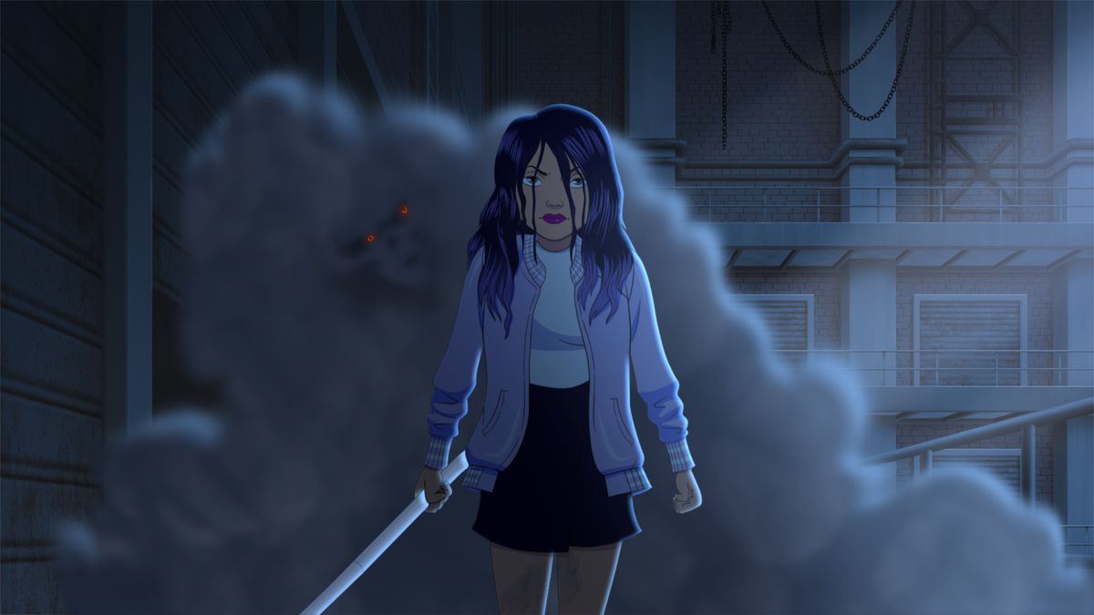 En flicka som bär en lila jacka håller ett metallrör.  Hennes hår är rörigt och rufsigt, och hon ser förbannad ut.  Bakom henne finns ett moln av rök. 