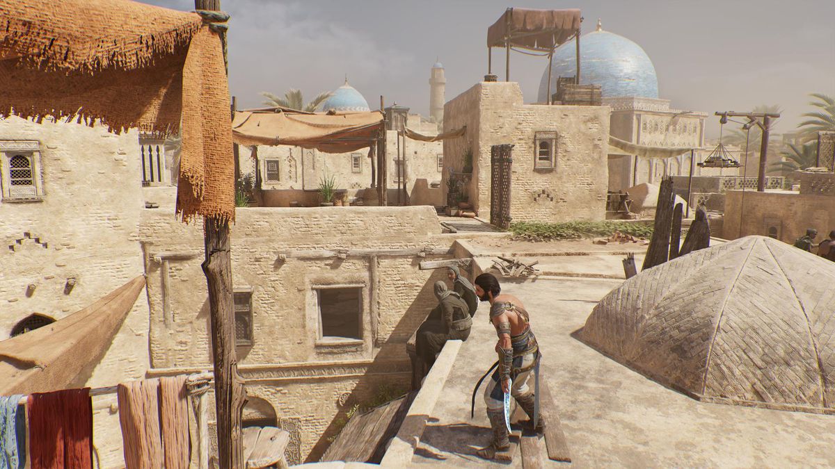 Basim står på taket av en byggnad i Harbiyah och letar efter en förlorad bok i AC Mirage.
