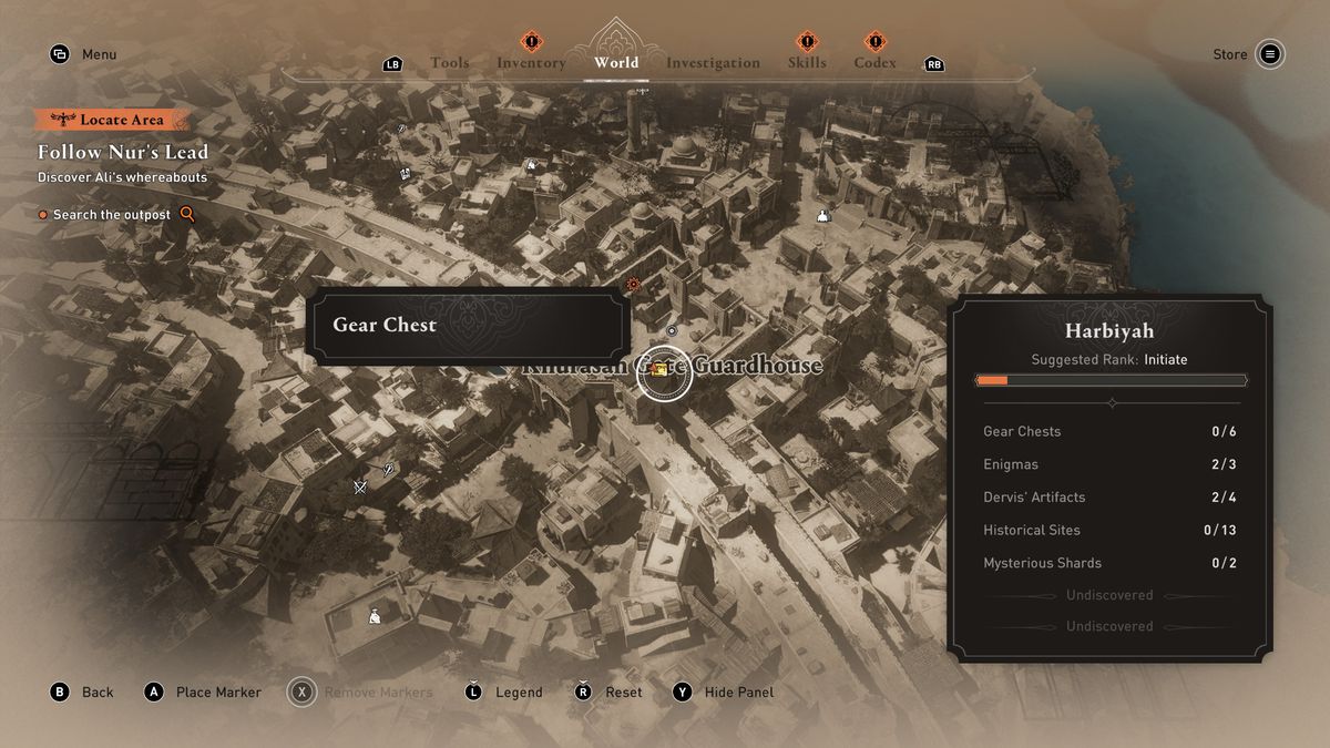 En karta visar platsen för Khurasan Guardhouse Gear Chest i AC Mirage.