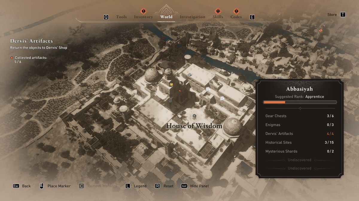 En karta visar platsen för House of Wisdom Gear Chest i AC Mirage.