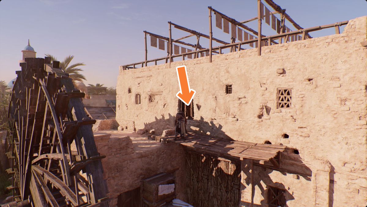 Assassin's Creed Mirage Basim på en avsats bakom ett vattenhjul