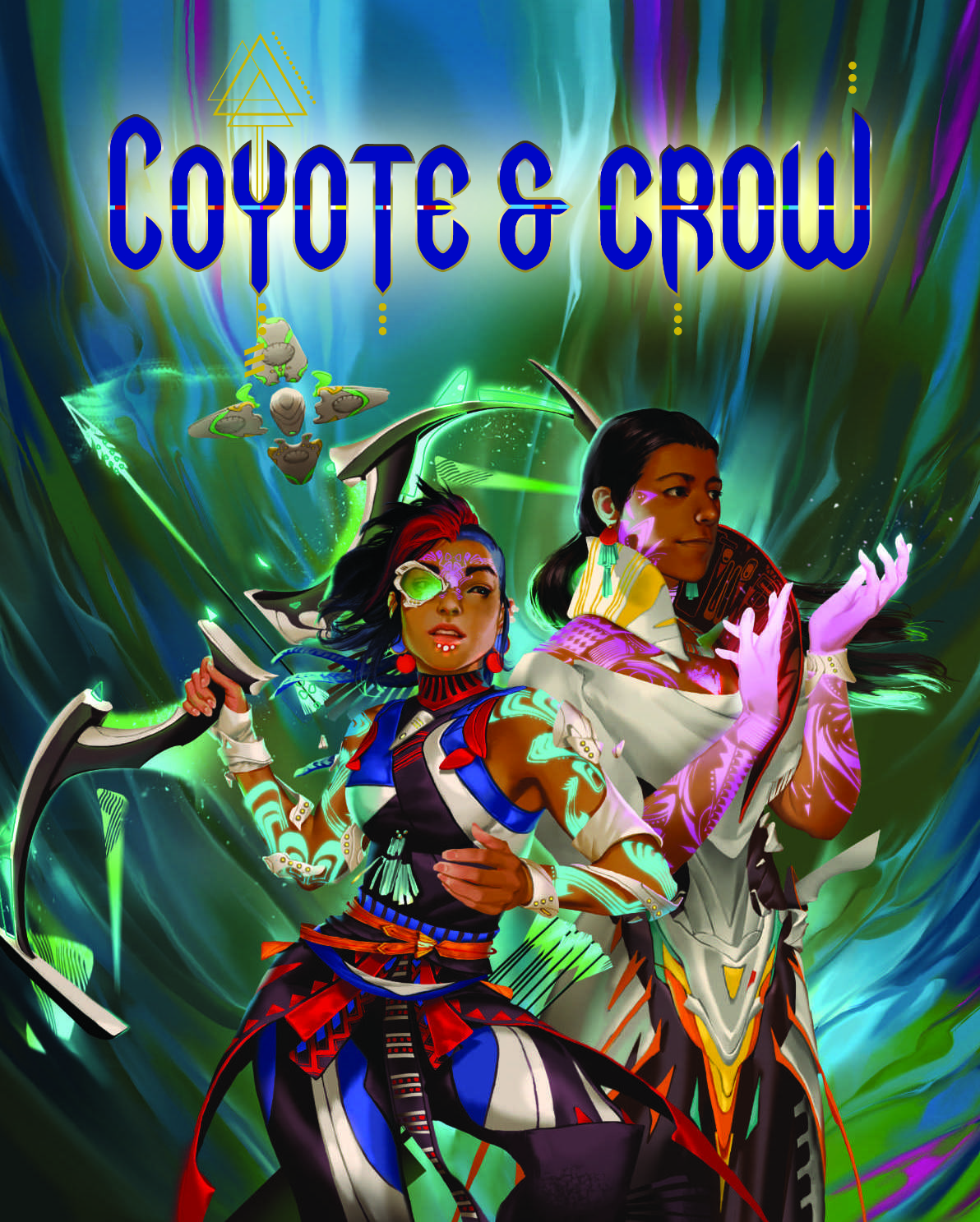 Omslagsbild för Coyote & Crow som visar ättlingar till förcolumbianska indianer klädda i färgglada rustningar.