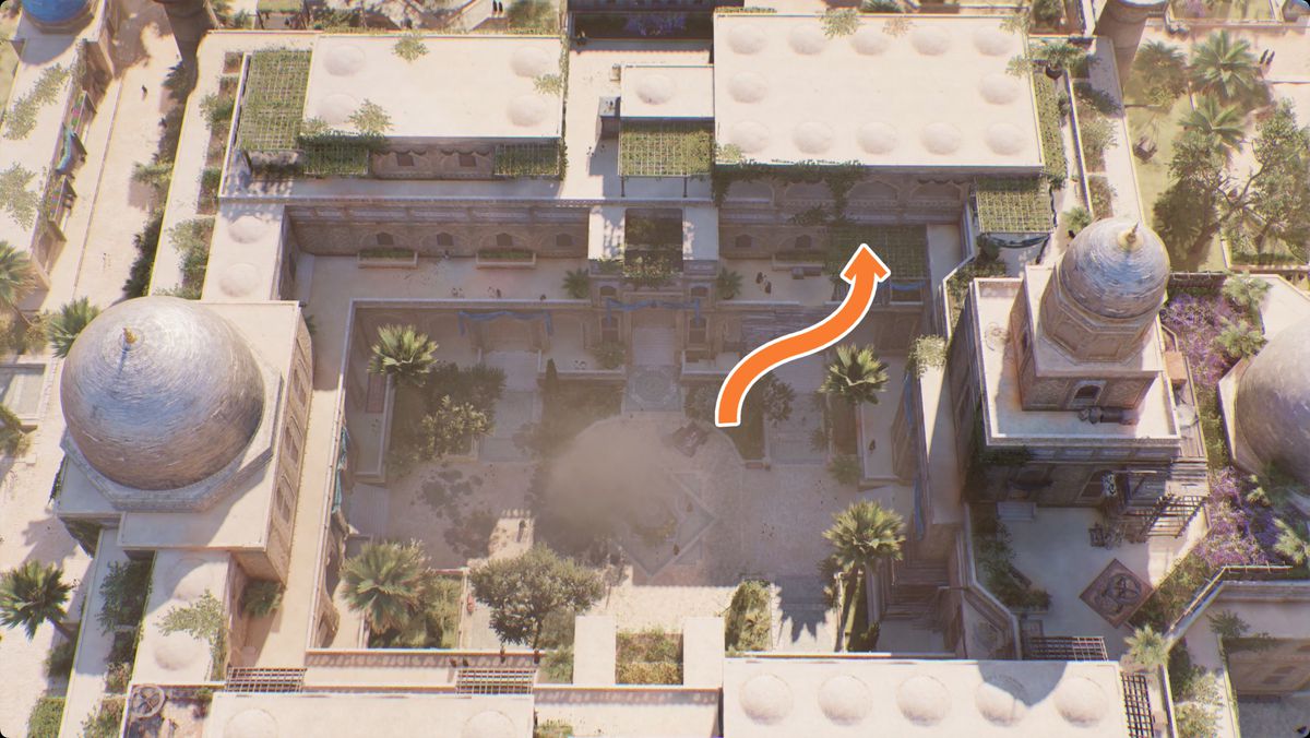Assassin's Creed Mirage-bild av Visdomens hus med vägen till det öppna fönstret på andra våningen markerad.