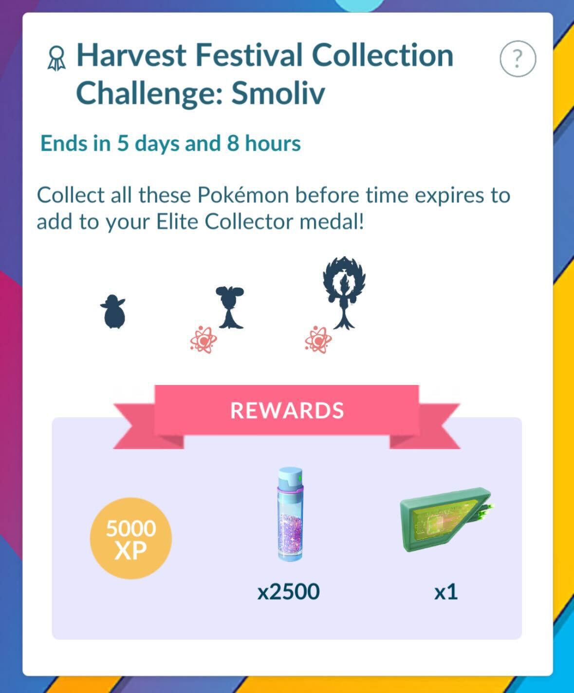 Insamlingsutmaningen för Smoliv i Pokémon Gos skördefestival 2023.