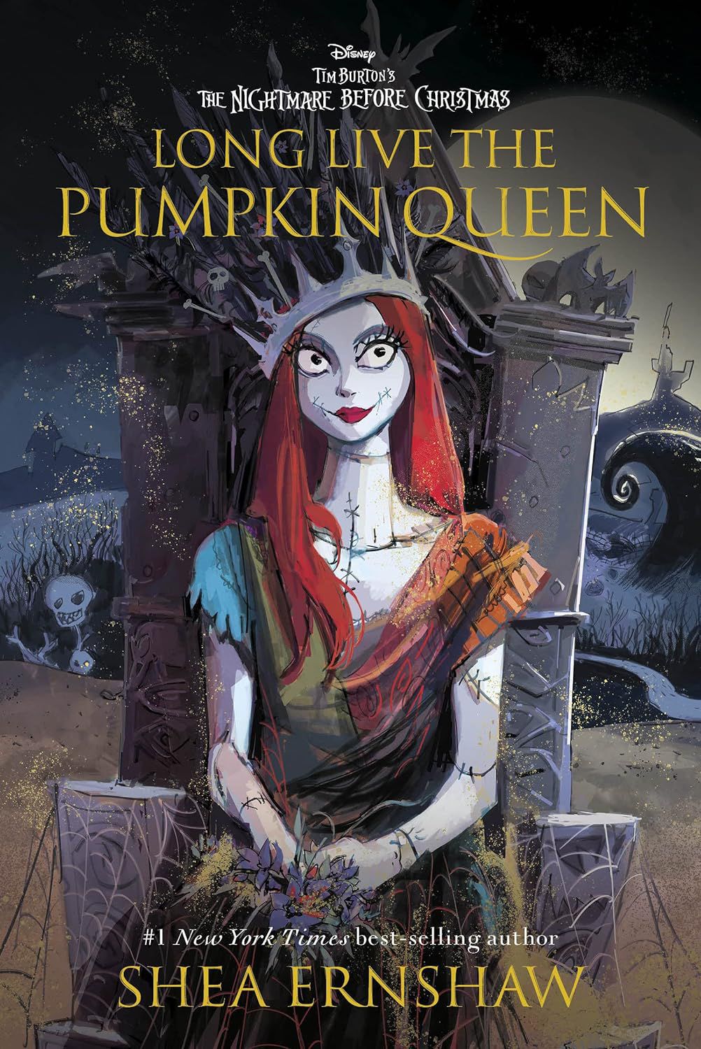 Sally från The Nightmare Before Christmas sitter på en gravstensliknande tron ​​med en krona på omslaget till Long Live the Pumpkin Queen av Shea Ernshaw