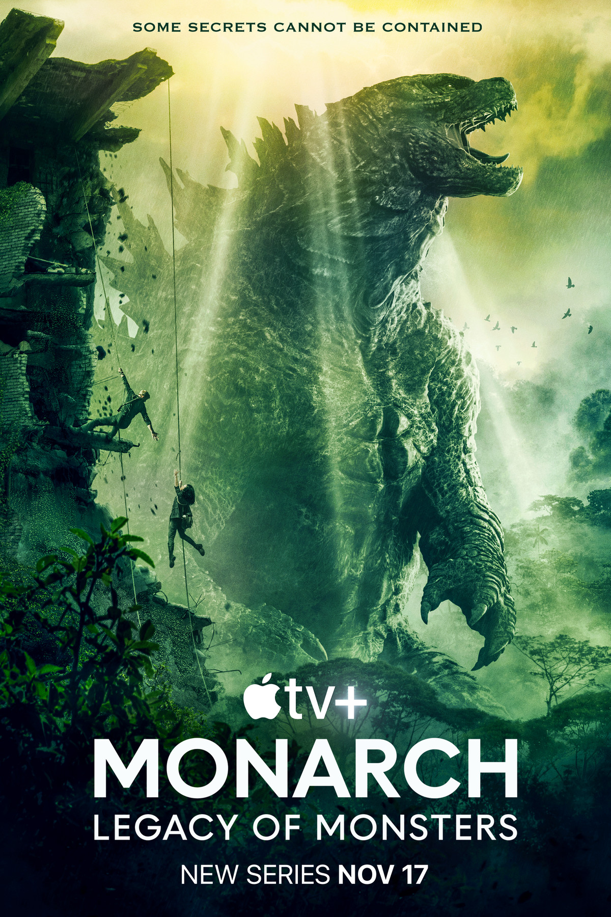 En affisch för Apple TV Plus' Monarch: Legacy of Monsters som har Godzilla i bakgrunden
