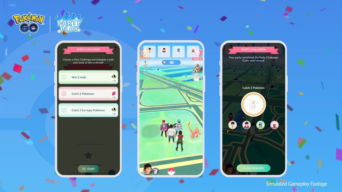 Simulerade spelskärmdumpar av Pokémon Gos Party Play-funktioner, inklusive en partyutmaningsskärm, en kartskärm som visar fyra tränare på samma karta och en resultatskärm.