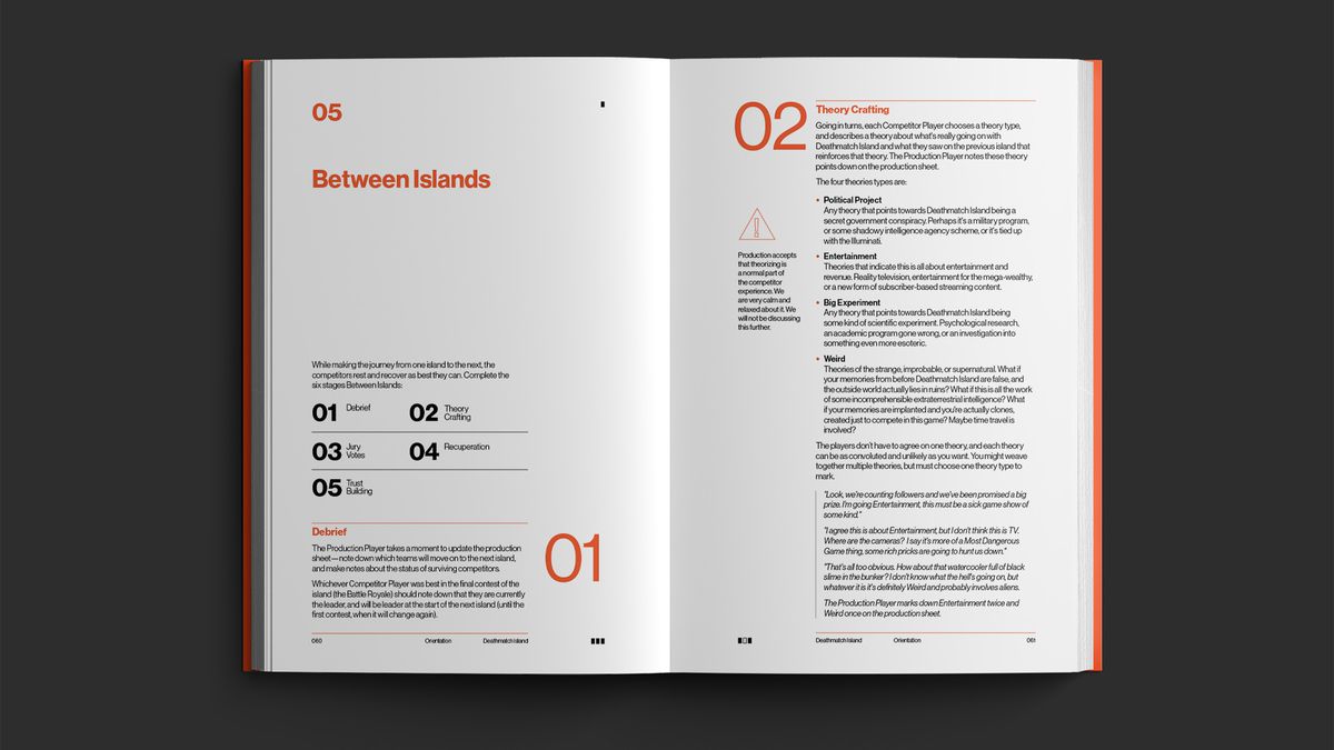 Ett avsnitt av Deathmatch Island-boken som beskriver hur berättelsen utvecklas mellan öar.