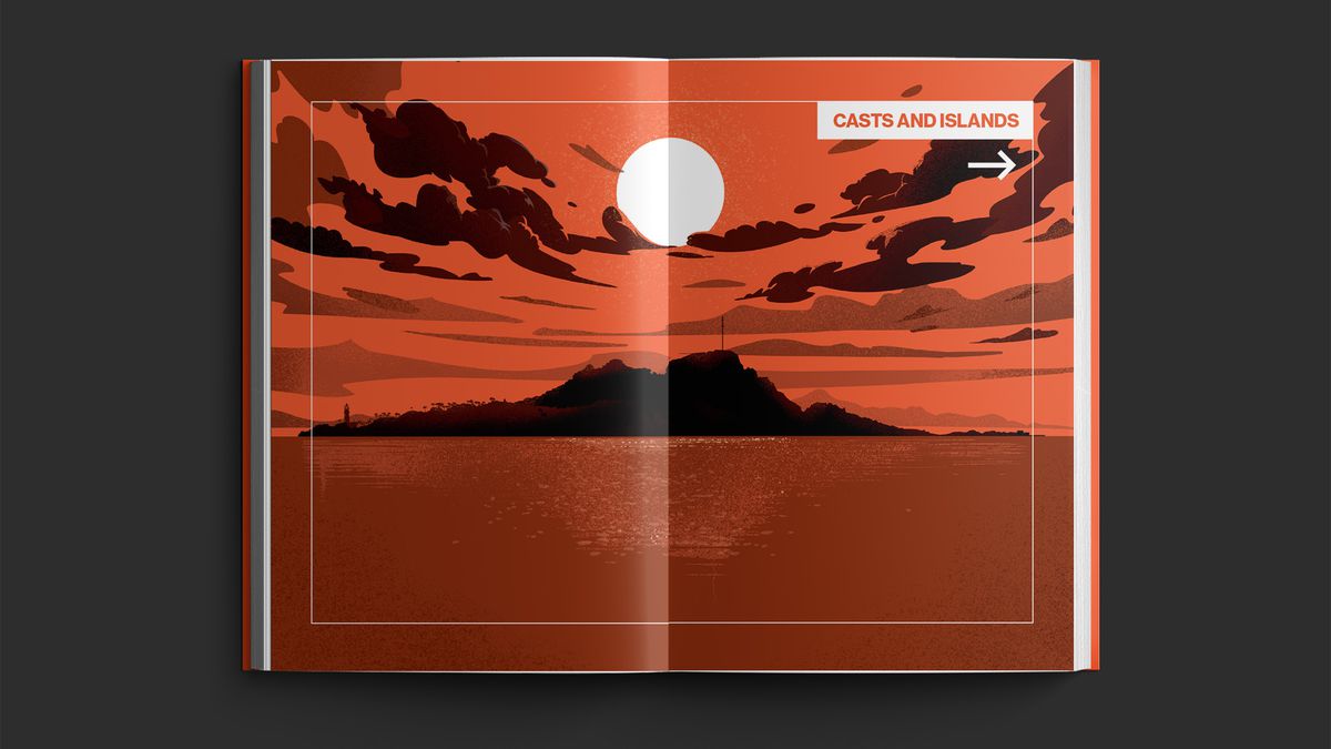 Deathmatch Island sett på avstånd, en orange nyans på både himlen och vattnet i förgrunden.