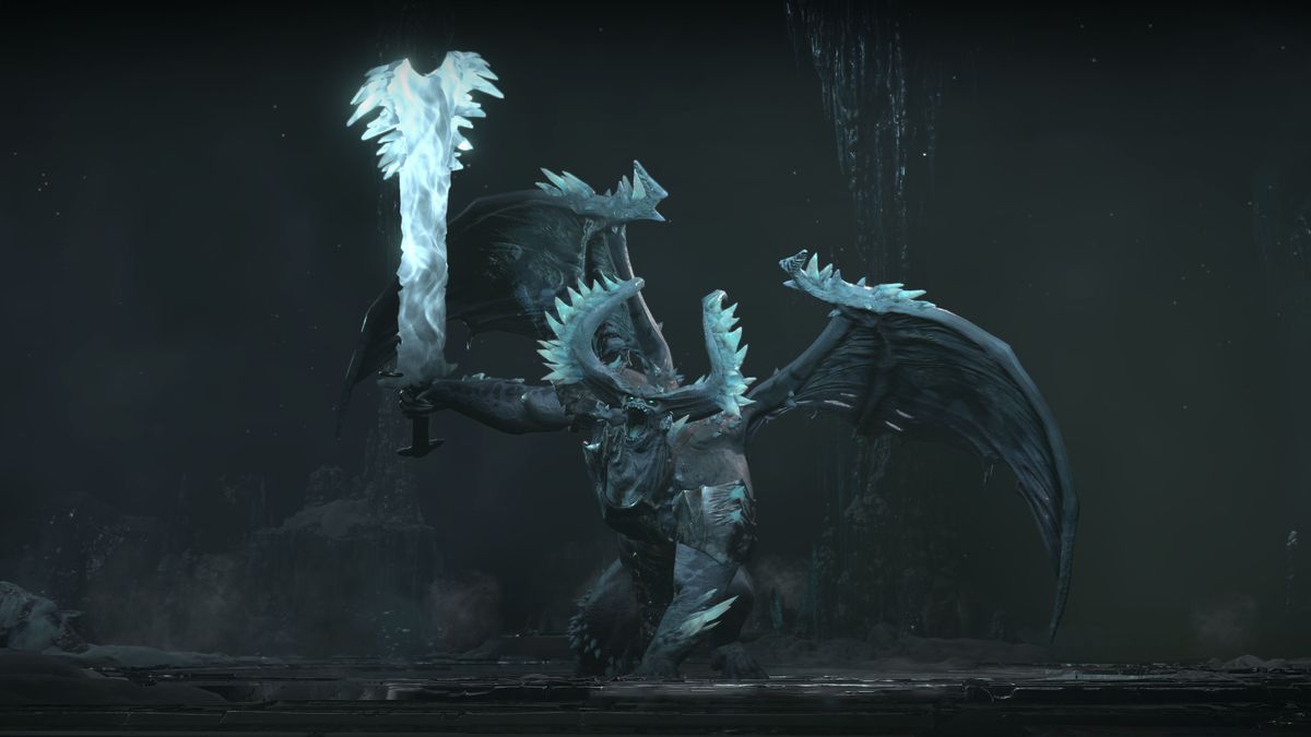 The Beast in Ice vrålar i en grotta i Diablo 4.