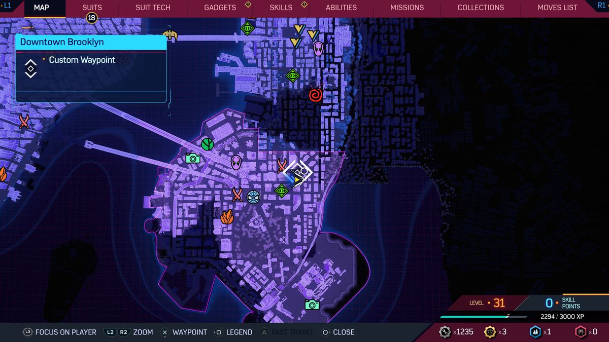 A map of New York in Spider-Man 2, showing where to find Spider-Bots