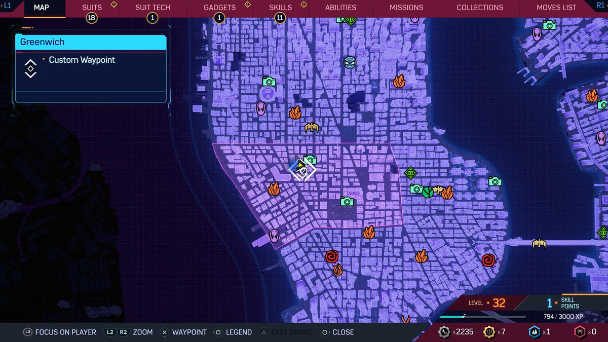 A map of New York in Spider-Man 2, showing where to find Spider-Bots