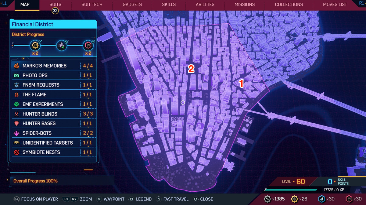 A map of New York in Spider-Man 2, showing where to find Spider-Bots